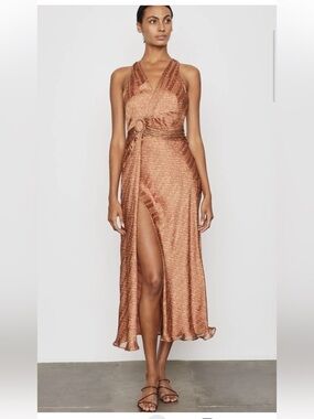 Bailey 44 Metallic Copper Halter Midi Dress with Side Slit Women’s 6 Sexy